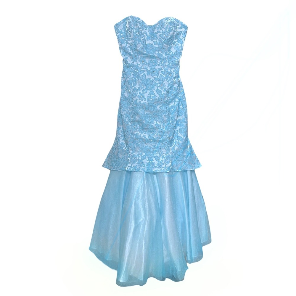 Camille La Vie Vintage Y2K Strapless Lace Mermaid Gown Blue Size 12 NWT